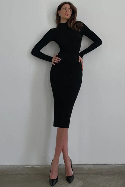 Mock Neck Long Sleeve Rib Knit Bodycon Midi Dress