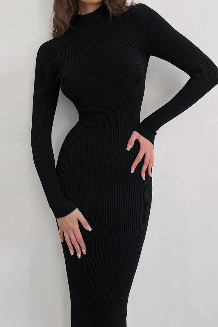 Mock Neck Long Sleeve Rib Knit Bodycon Midi Dress