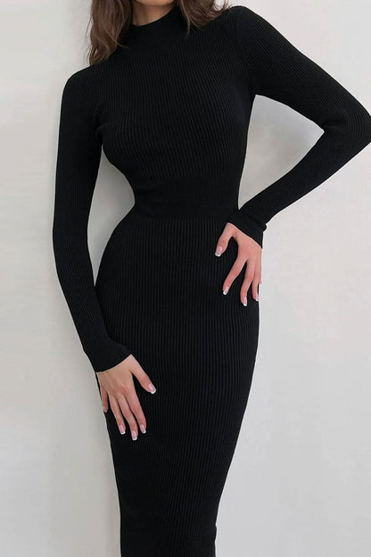 Mock Neck Long Sleeve Rib Knit Bodycon Midi Dress