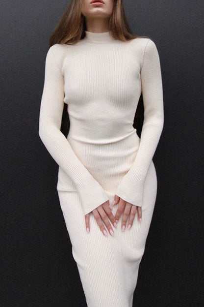 Mock Neck Long Sleeve Rib Knit Bodycon Midi Dress