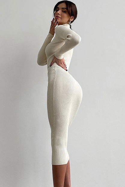 Mock Neck Long Sleeve Rib Knit Bodycon Midi Dress