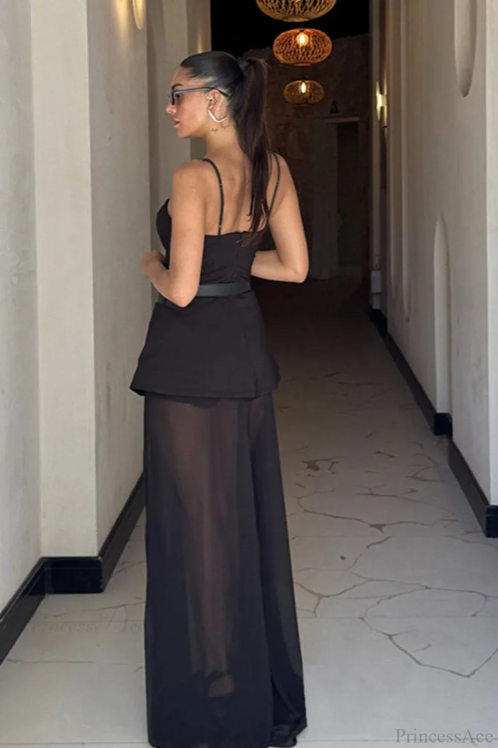 Chic Mesh Cami Panel Slim Maxi Dress