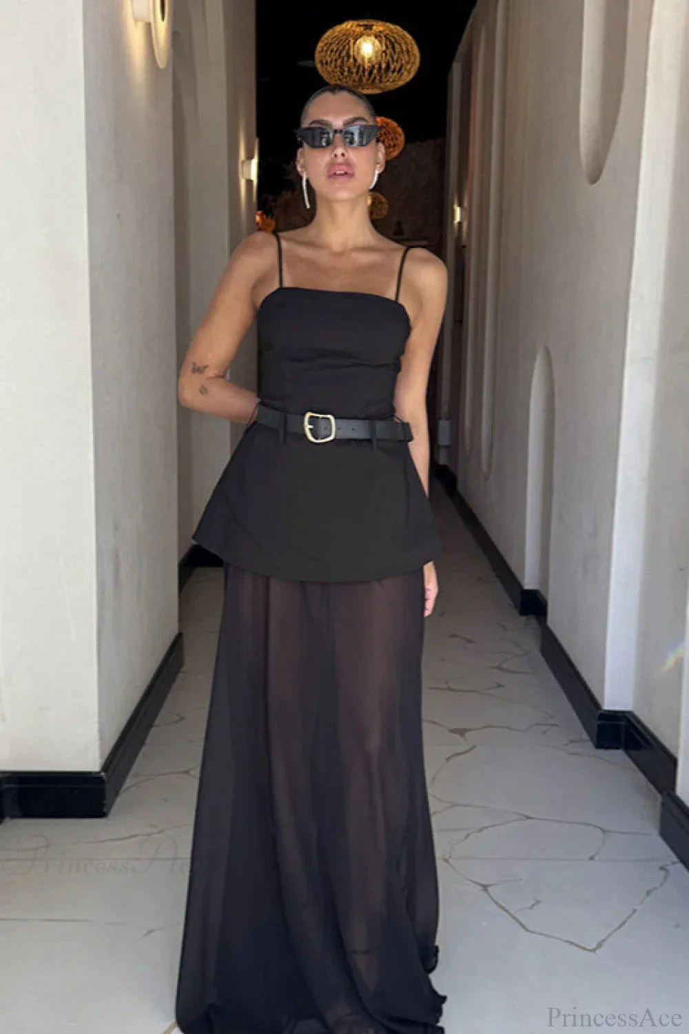 Chic Mesh Cami Panel Slim Maxi Dress