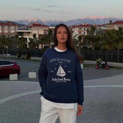 Chic Printed Crew Neck Oversized Long Sleeve Sweatshirt