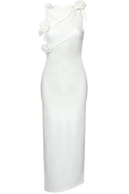 Rosette Applique Asymmetric Cutout Faux Leather Side Slit Midi Dress