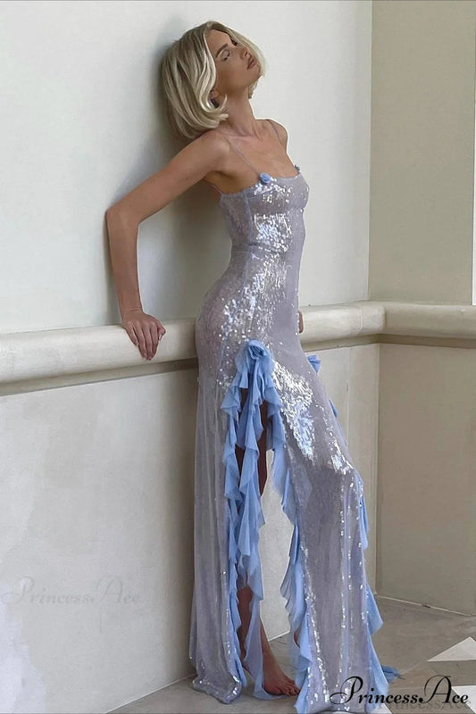 Chic Sheer Sequin Ruffled Slip Maxi Dress