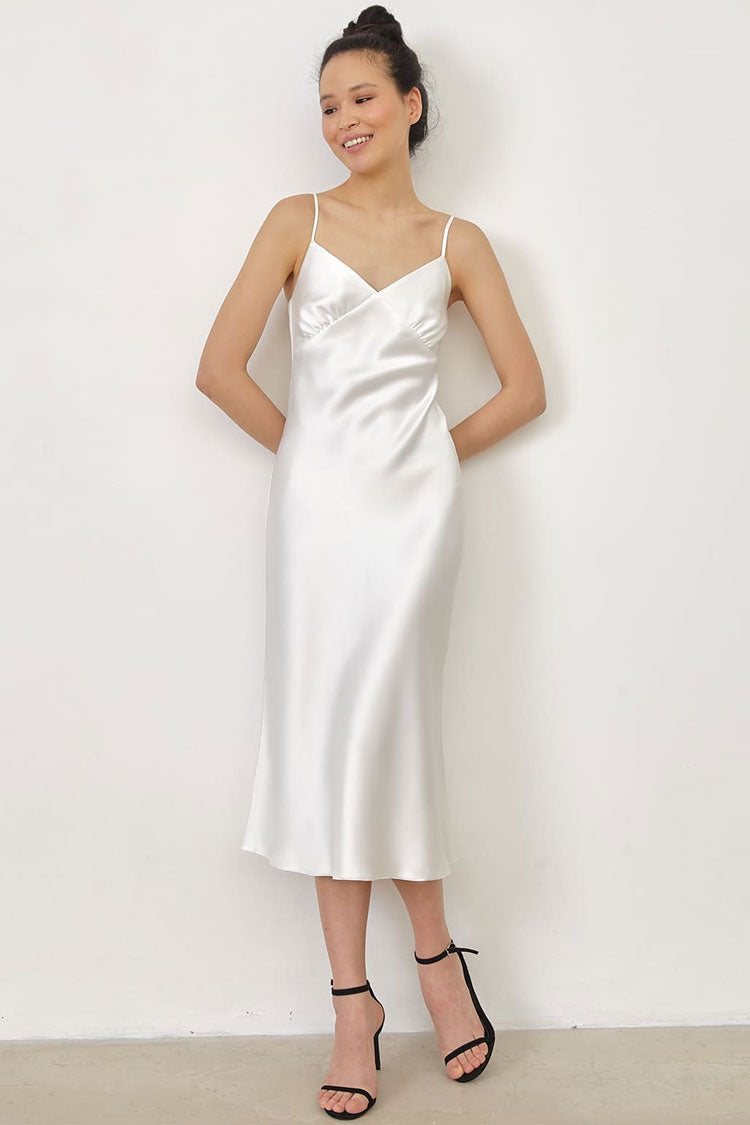 Satin Spaghetti Strap V Neck Ruched Bust Slip Midi Dress