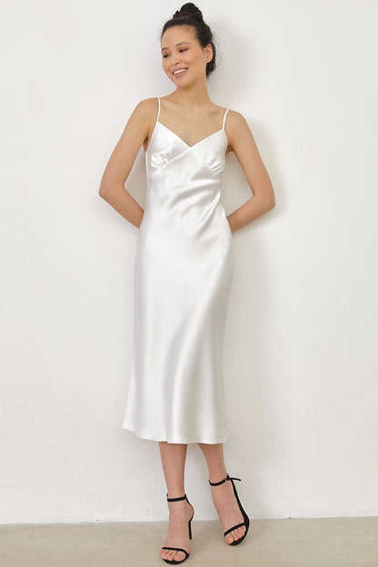 Satin Spaghetti Strap V Neck Ruched Bust Slip Midi Dress