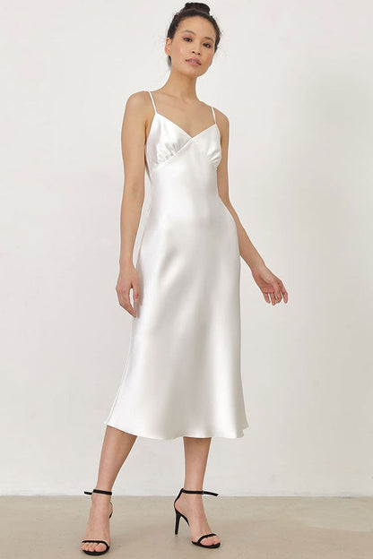 Satin Spaghetti Strap V Neck Ruched Bust Slip Midi Dress