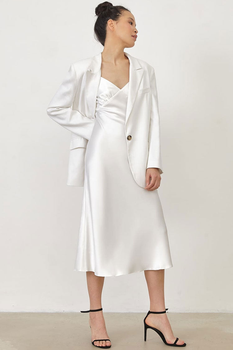 Satin Spaghetti Strap V Neck Ruched Bust Slip Midi Dress