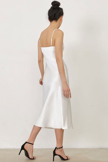 Satin Spaghetti Strap V Neck Ruched Bust Slip Midi Dress