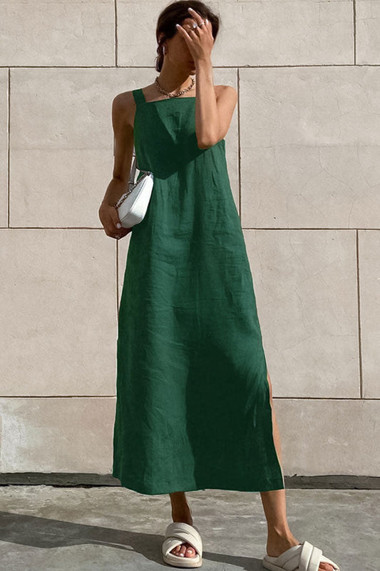 Square Neck Wide Strap Linen Blend Side Slit Midi Dress