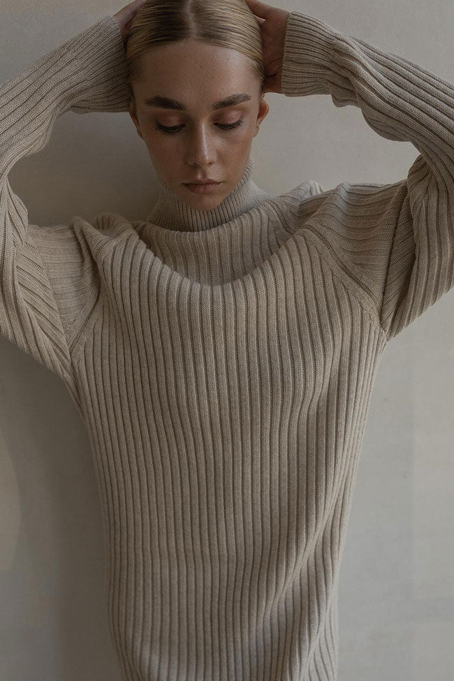Oversized Turtleneck Ribbed Knit Long Sleeve Sweater Mini Dress