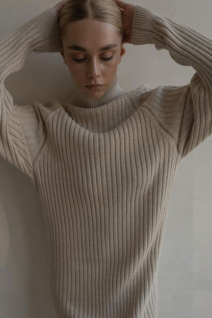 Oversized Turtleneck Ribbed Knit Long Sleeve Sweater Mini Dress