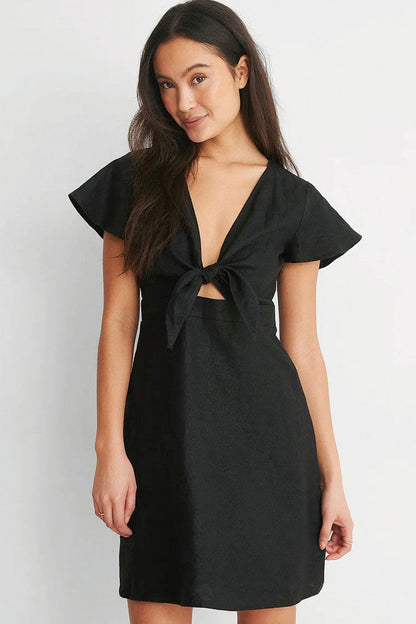 V-Neck Bow Tie Front Cutout Flutter Sleeve A-Line Mini Dress