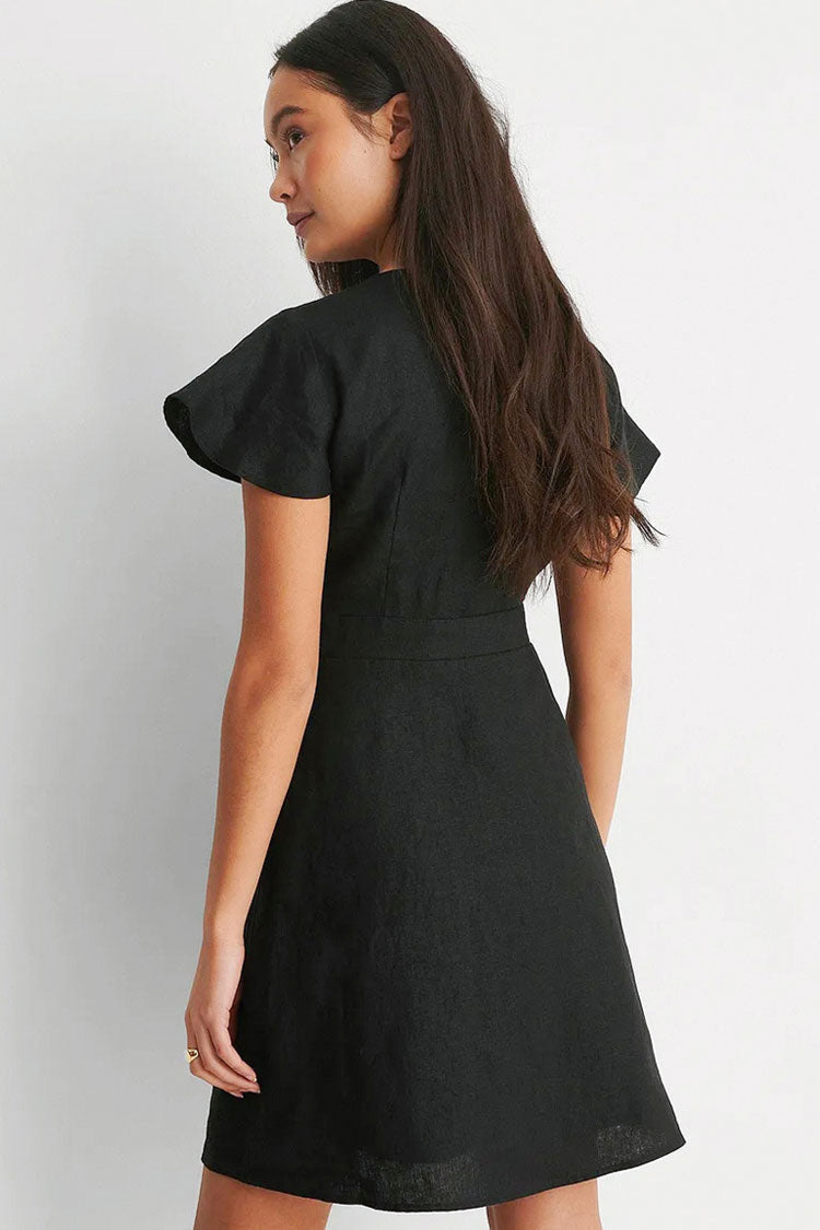 V-Neck Bow Tie Front Cutout Flutter Sleeve A-Line Mini Dress