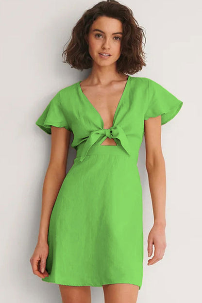 V-Neck Bow Tie Front Cutout Flutter Sleeve A-Line Mini Dress