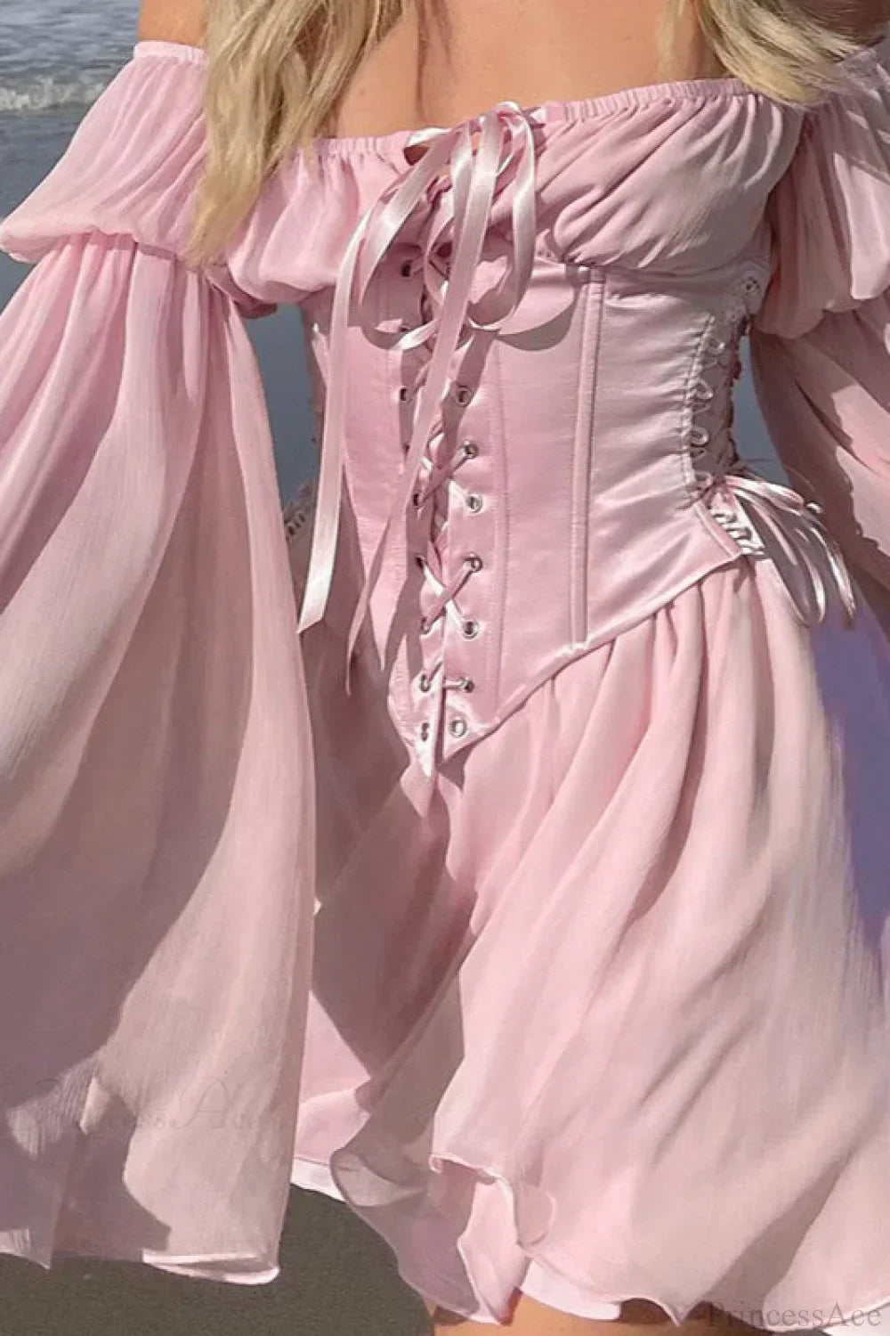 Off-Shoulder Lace-Up Corset Bell Sleeve Chiffon Mini Dress