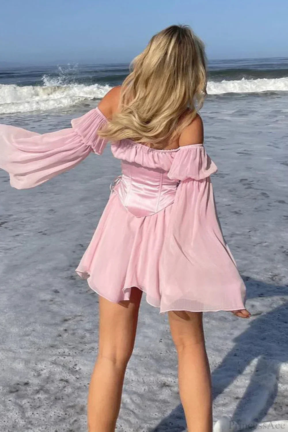 Off-Shoulder Lace-Up Corset Bell Sleeve Chiffon Mini Dress