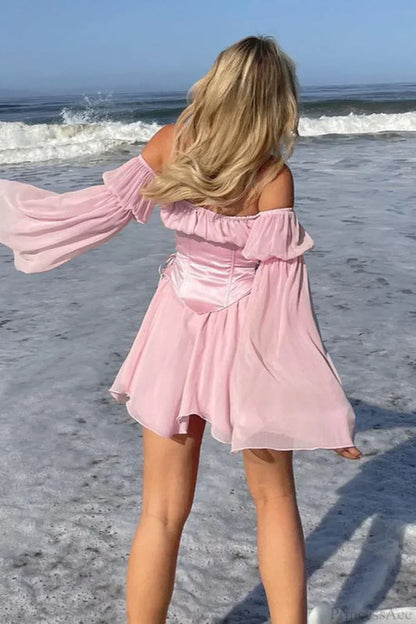 Off-Shoulder Lace-Up Corset Bell Sleeve Chiffon Mini Dress