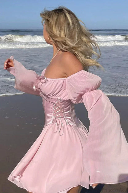 Off-Shoulder Lace-Up Corset Bell Sleeve Chiffon Mini Dress