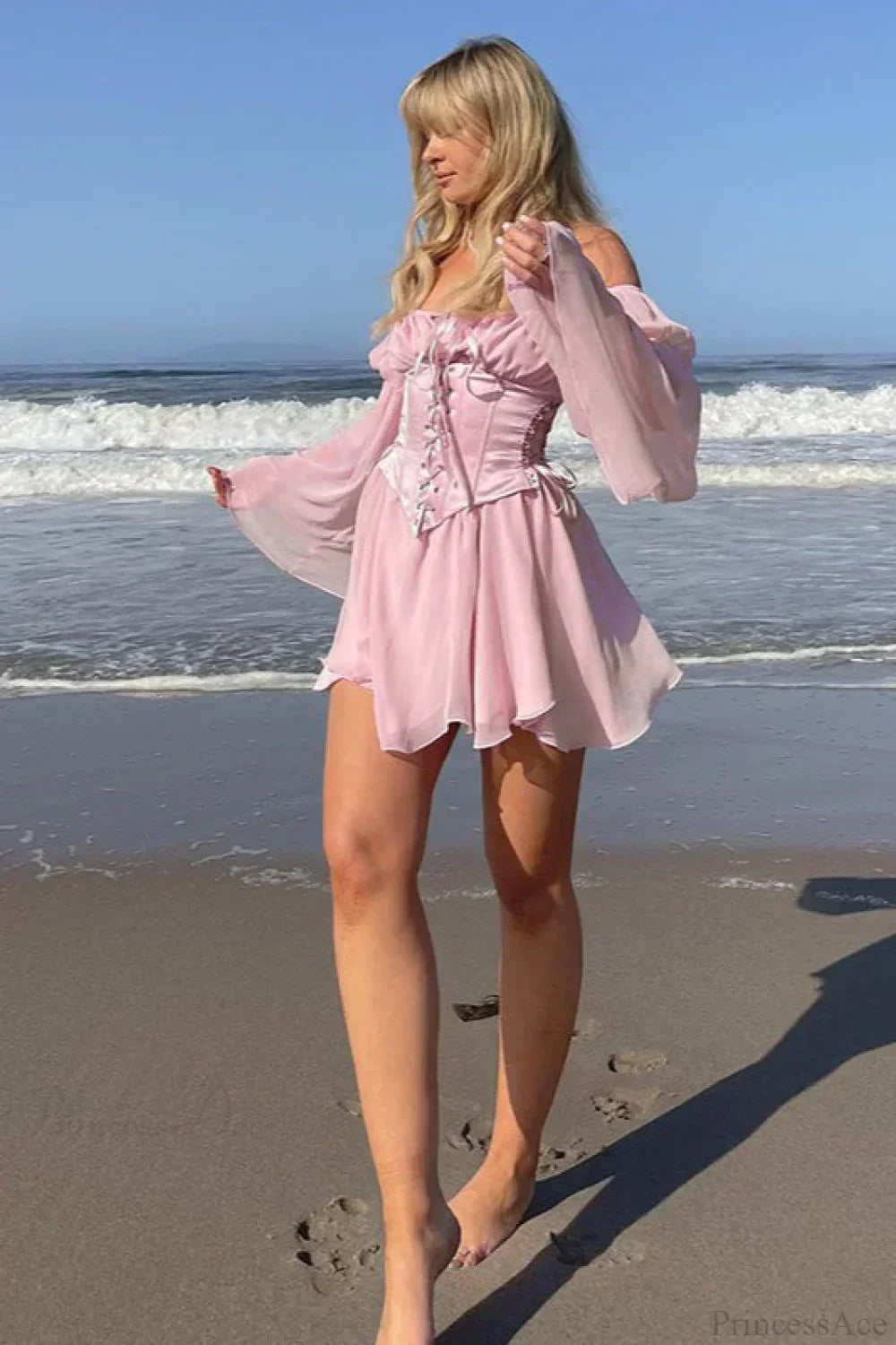 Off-Shoulder Lace-Up Corset Bell Sleeve Chiffon Mini Dress