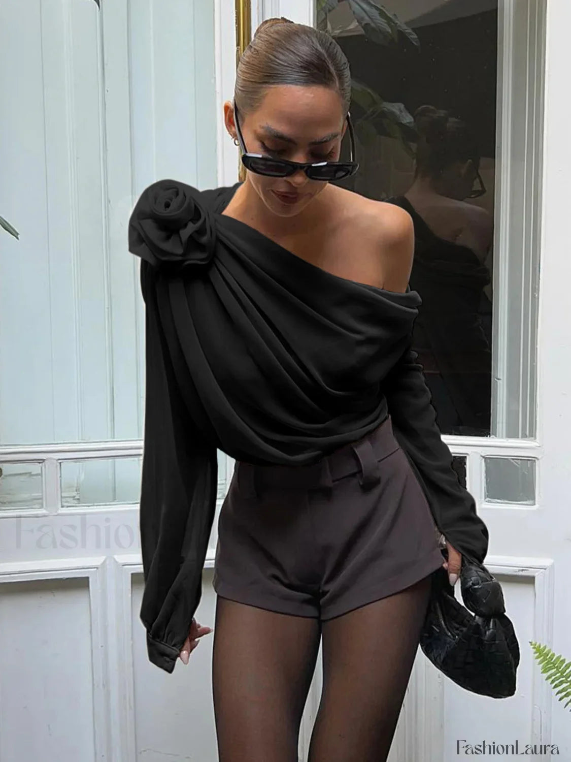 Chiffon Semi-sheer One Shoulder Asymmetrical Blouse