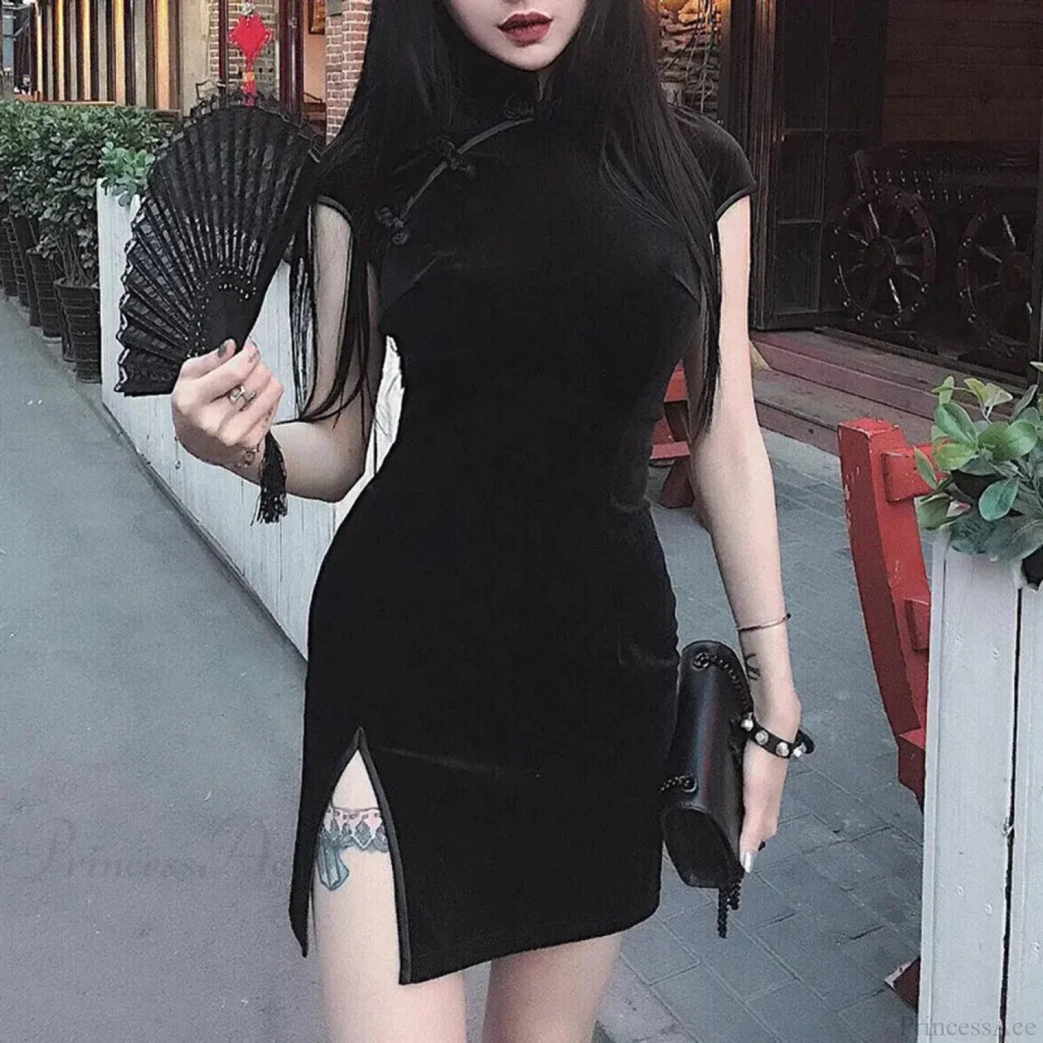 Mandarin Collar Frog Button Side Slit Velvet Mini Qipao Dress
