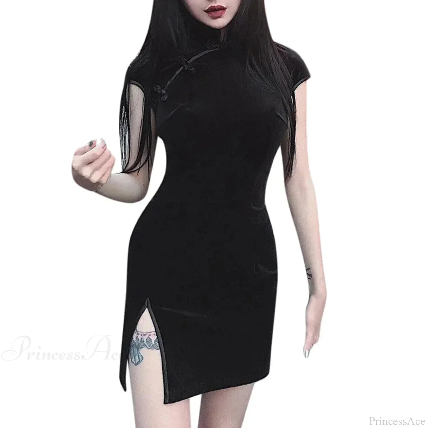 Mandarin Collar Frog Button Side Slit Velvet Mini Qipao Dress