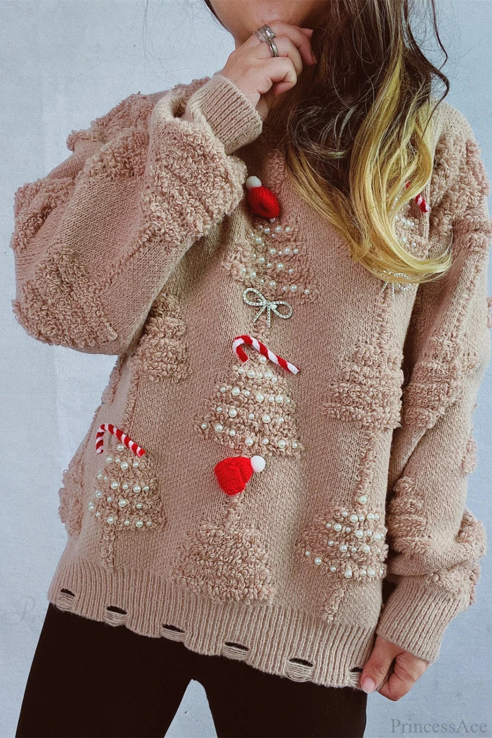 Christmas 3D Tree Pearl Solid Flocked Sweater