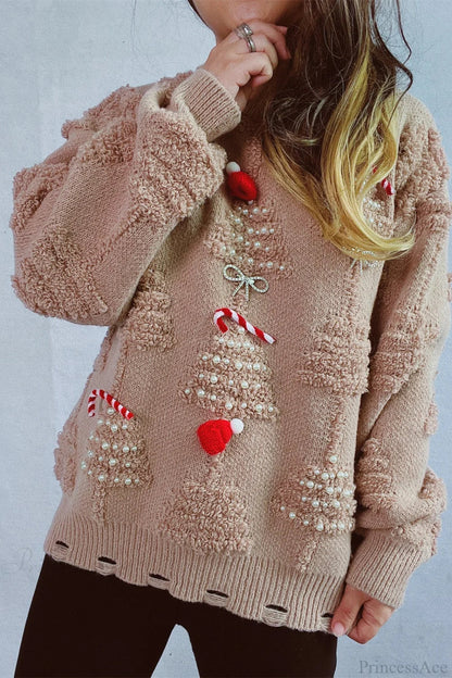 Christmas 3D Tree Pearl Solid Flocked Sweater