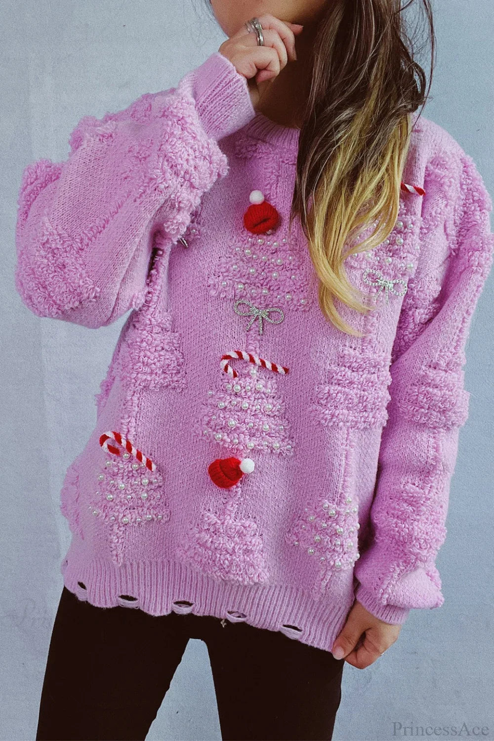 Christmas 3D Tree Pearl Solid Flocked Sweater