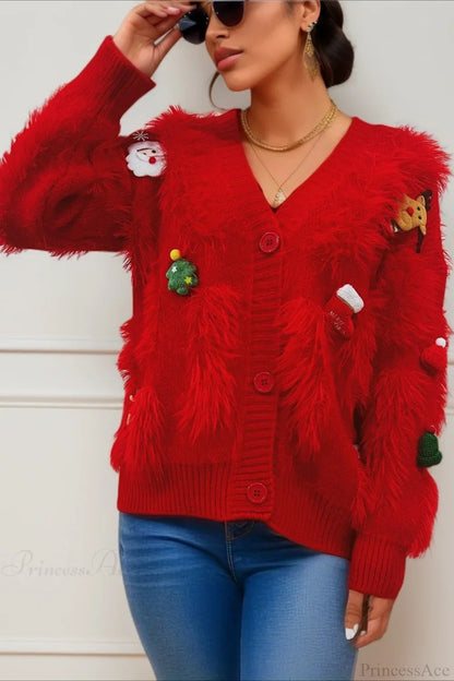Christmas Mink Fleece 3D Trim Single-Breasted Cardigan Sweater