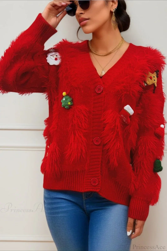 Christmas Mink Fleece 3D Trim Single-Breasted Cardigan Sweater