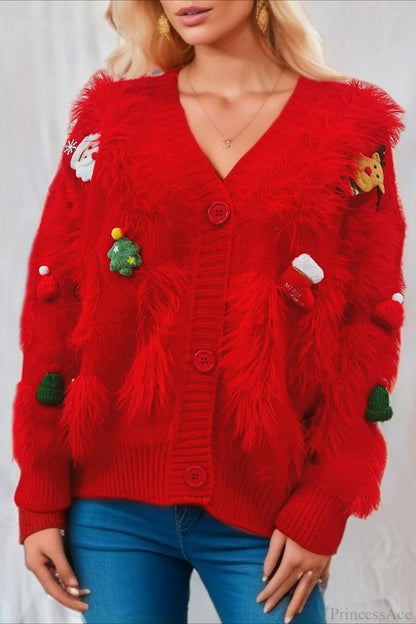 Christmas Mink Fleece 3D Trim Single-Breasted Cardigan Sweater