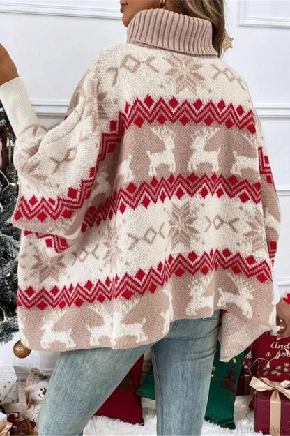 Christmas Moose High Neck Contrast Batwing Sleeve Sweater