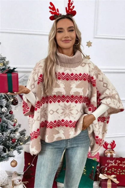 Christmas Moose High Neck Contrast Batwing Sleeve Sweater