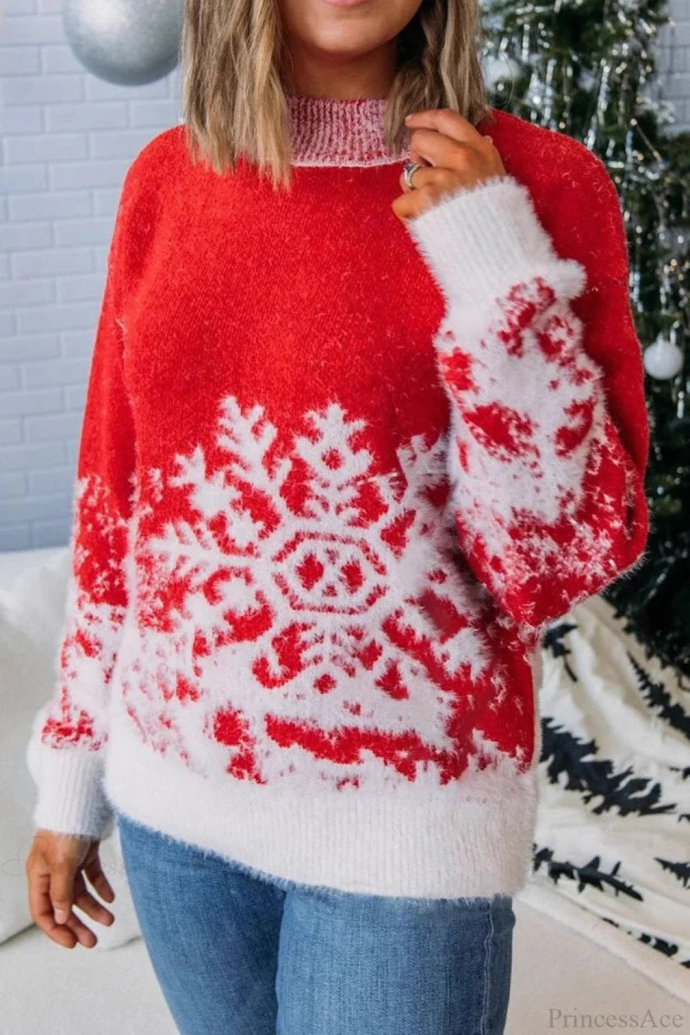 Christmas Red Snowflake Pattern Turtleneck Loose Sweater