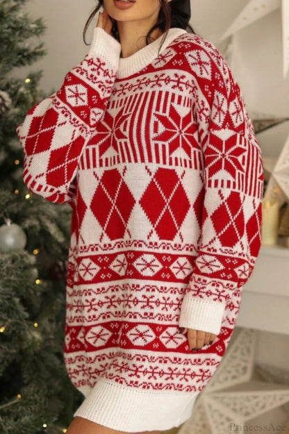 Christmas Snow Maple Ethnic Round Neck Long Sweater