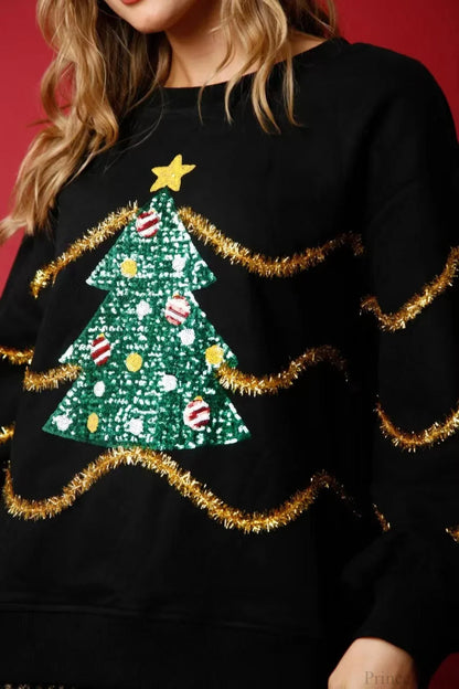 Christmas Tree Sequin Casual Loose Long Sleeve Tee