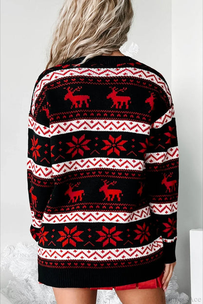 Christmas V Neck Elk Jacquard Color Block Knit Sweater