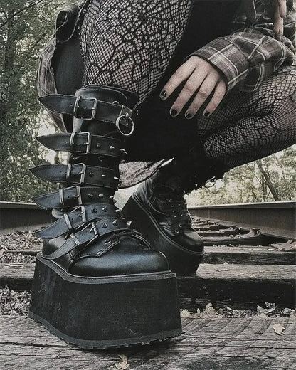 Chunky Heeled Knee High Motorcycle Gothic Boot