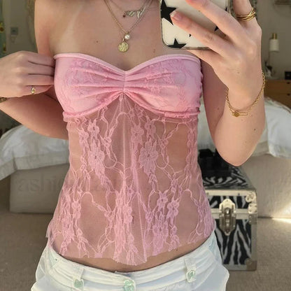 CIBBAR Solid Backless Lace Bandage Tube Crop Top