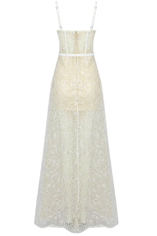 Spaghetti Strap Floral Lace Corset Bustier High Split Overskirt Maxi Dress
