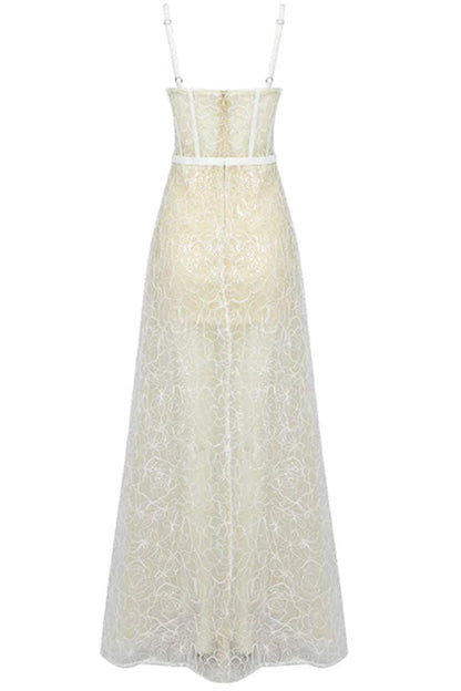 Spaghetti Strap Floral Lace Corset Bustier High Split Overskirt Maxi Dress