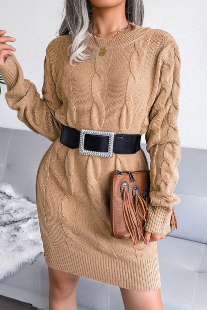 Cable Knit Crew Neck Long Sleeve Ribbed Bodycon Sweater Mini Dress