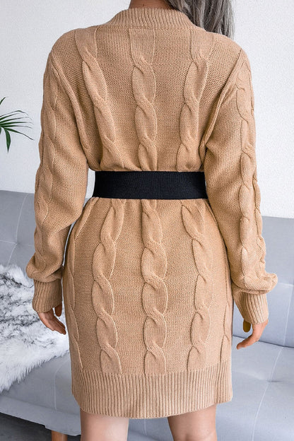 Cable Knit Crew Neck Long Sleeve Ribbed Bodycon Sweater Mini Dress