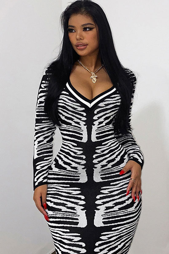 Zebra Print Rib Trim Deep V-Neck Long Sleeve Bodycon Sweater Midi Dress