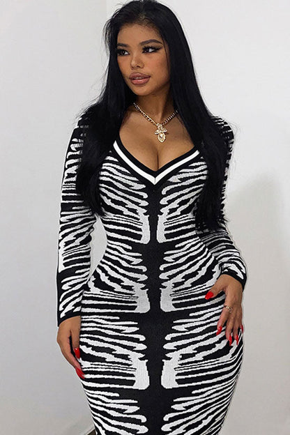 Zebra Print Rib Trim Deep V-Neck Long Sleeve Bodycon Sweater Midi Dress