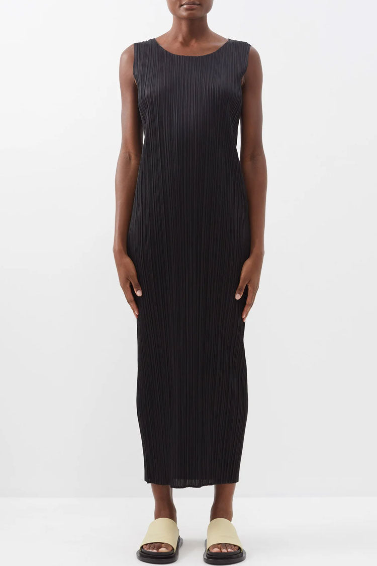 Micro Pleat Crew Neck Sleeveless Column Midi Dress